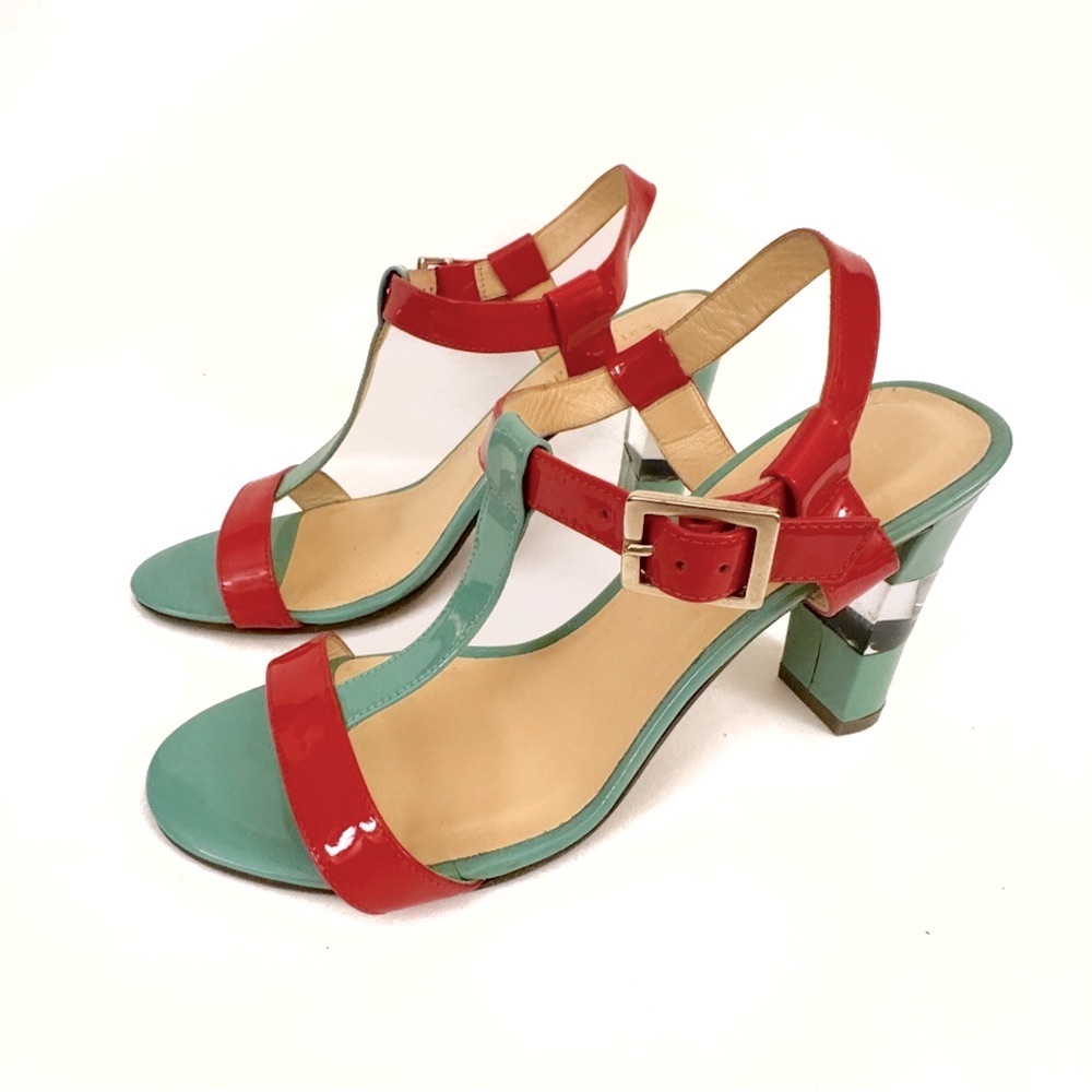 Unique, Beautiful, Kate Spade Red and Nile Green Acrylic Block Heel Sandals
